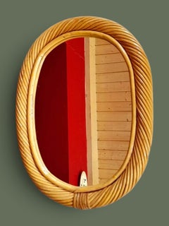 Italian Oval Wall Mirror, Twisted Rattan Frame, 1970s