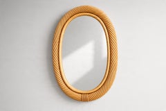 Italian Oval Wall Mirror, Twisted Rattan Frame, 1970s