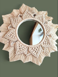 Espejo de pared bohemio con diseño «Sunburst» de macramé, fibra de algodón, redondo