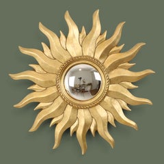 Giltwood Sunburst Convex Mirror, Carved Flames, France, 1950s