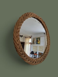 French Riviera Braided Wicker Round Wall Mirror, Rattan, 1960s