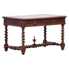 Oak Writing Desk with Barley Twist Legs and Carved Frieze, Spain, 19th Century