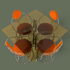 Set da pranzo cromato in stile “Italian Space Age”: tavolo e 4 sedie in velluto arancione, anni ’70