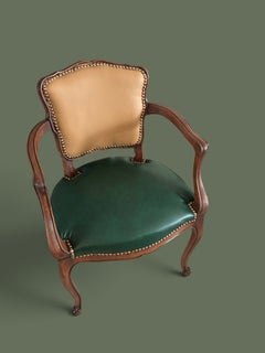 Louis XV Style Pair of Walnut Armchairs, Two-Tone Leather, France, 1950s