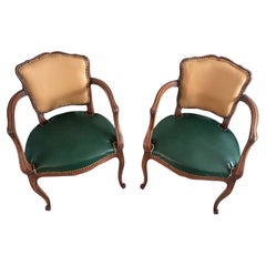 Louis XV Style Pair of Walnut Armchairs, Two-Tone Leather, France, 1950s