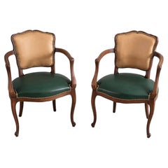 Louis XV Style Pair of Walnut Armchairs, Two-Tone Leather, France, 1950s