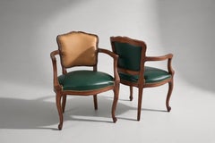 Louis XV Style Pair of Walnut Armchairs, Two-Tone Leather, France, 1950s