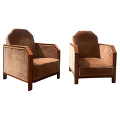 Pair of Art Deco Club Chairs, Carved Oak and Velvet, France, 1930s