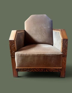 Pair of Art Deco Club Chairs, Carved Oak and Velvet, France, 1930s