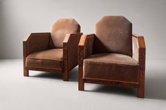 Pair of Art Deco Club Chairs, Carved Oak and Velvet, France, 1930s