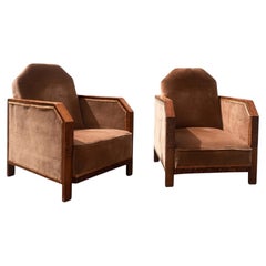 Pair of Art Deco Club Chairs, Carved Oak and Velvet, France, 1930s