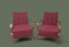 Czech Art Deco Bentwood Lounge Chairs, Burgundy Upholstery, 1930s