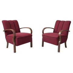 Czech Art Deco Bentwood Lounge Chairs, Burgundy Upholstery, 1930s