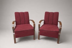 Czech Art Deco Bentwood Lounge Chairs, Burgundy Upholstery, 1930s