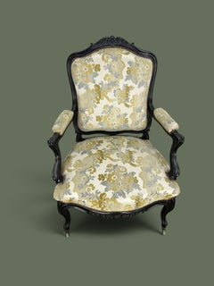 Pair of Louis XV Style Ebonized Fauteuils, Floral Silk, France, 1880s