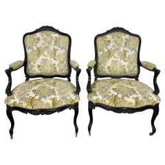 Pair of Louis XV Style Ebonized Fauteuils, Floral Silk, France, 1880s