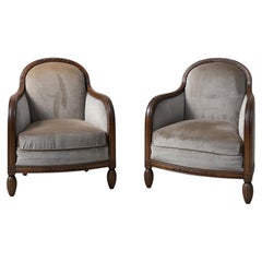 French Art Deco Pair of Club Chairs, Carved Walnut, 1930s