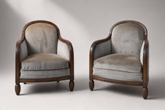 French Art Deco Pair of Club Chairs, Carved Walnut, 1930s