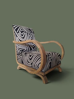 Art Deco Curved Armchair, Bleached Wood, Graphic Upholstery, 1930s