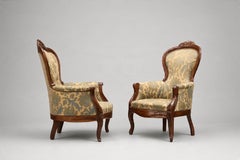 Louis Philippe Carved Walnut Armchairs, Damask Upholstery, Pair, France