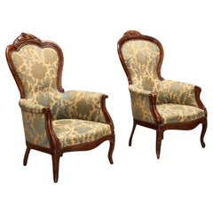 Louis Philippe Carved Walnut Armchairs, Damask Upholstery, Pair, France
