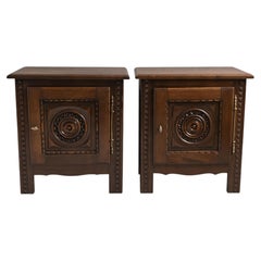 French Provincial Pair of Carved Oak Bedside Cabinets, Brittany, 1940s