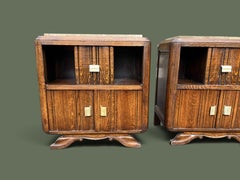 Pair of French Art Deco Oak Nightstands, Marble Tops and Brass, 1940s