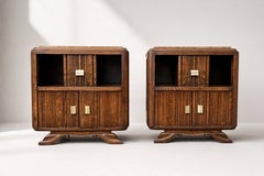 Pair of French Art Deco Oak Nightstands, Marble Tops and Brass, 1940s