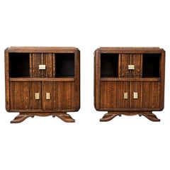 Pair of French Art Deco Oak Nightstands, Marble Tops and Brass, 1940s