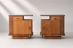 Art Deco Pair of Nightstands, Oak and Walnut, Glass Tops, 1930s