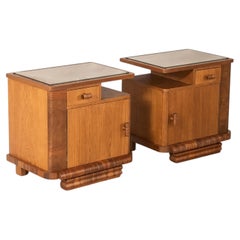 Art Deco Pair of Nightstands, Oak and Walnut, Glass Tops, 1930s
