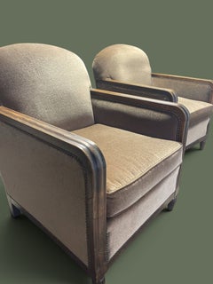 Pair of French Art Deco Club Chairs, Mohair and Stained Wood, 1930s