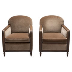 Pair of French Art Deco Club Chairs, Mohair and Stained Wood, 1930s