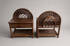 Pair of Rattan and Wicker Nightstands, Arched Backs, Italy, 1970s
