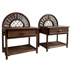 Pair of Rattan and Wicker Nightstands, Arched Backs, Italy, 1970s