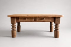 French Provincial Oak Coffee Table, Turned Legs and Two Drawers, 1950s