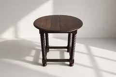 French Side Table, Dark-Stained Oak, Spiral-Turned Legs, 1940s