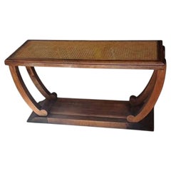 French Art Deco Console Table, Caned Top and Walnut, U-Shaped Base, 1930s
