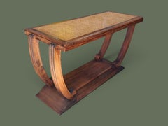French Art Deco Console Table, Caned Top and Walnut, U-Shaped Base, 1930s