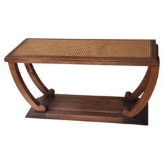 French Art Deco Console Table, Caned Top and Walnut, U-Shaped Base, 1930s
