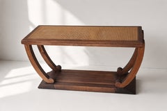 French Art Deco Console Table, Caned Top and Walnut, U-Shaped Base, 1930s