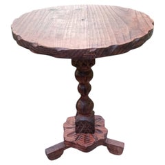 Spanish Rustic Pedestal Side Table, Carved Pine, Tripod Base, 1960s