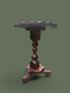 Spanish Rustic Pedestal Side Table, Carved Pine, Tripod Base, 1960s