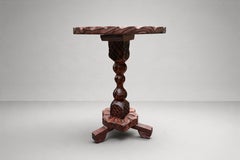 Spanish Rustic Pedestal Side Table, Carved Pine, Tripod Base, 1960s