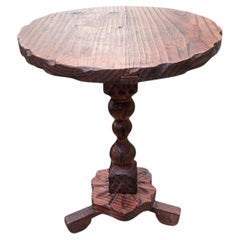 Spanish Rustic Pedestal Side Table, Carved Pine, Tripod Base, 1960s