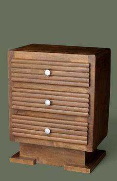French Art Deco Three-Drawer Bedside Chest, Stained Beech, 1940s