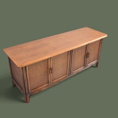 Bamboo and Woven Rattan Four-Door Sideboard, Oak Top, France, 1970s
