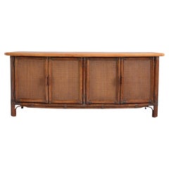 Bamboo and Woven Rattan Four-Door Sideboard, Oak Top, France, 1970s