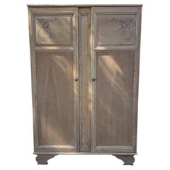 French Art Deco Two-Door Armoire, Bleached Oak, Carved Roses, 1930s