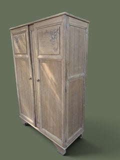 French Art Deco Two-Door Armoire, Bleached Oak, Carved Roses, 1930s